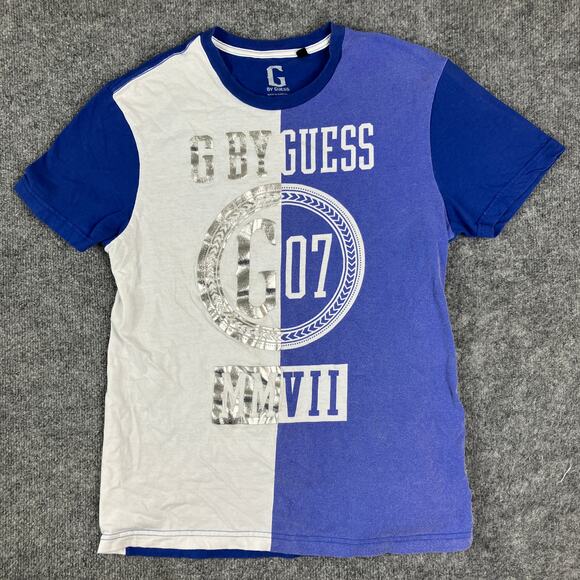 G by Guess T-Shirt Mens Size L Blue White Split Graphic Casual Streetwear - Picture 2 of 7